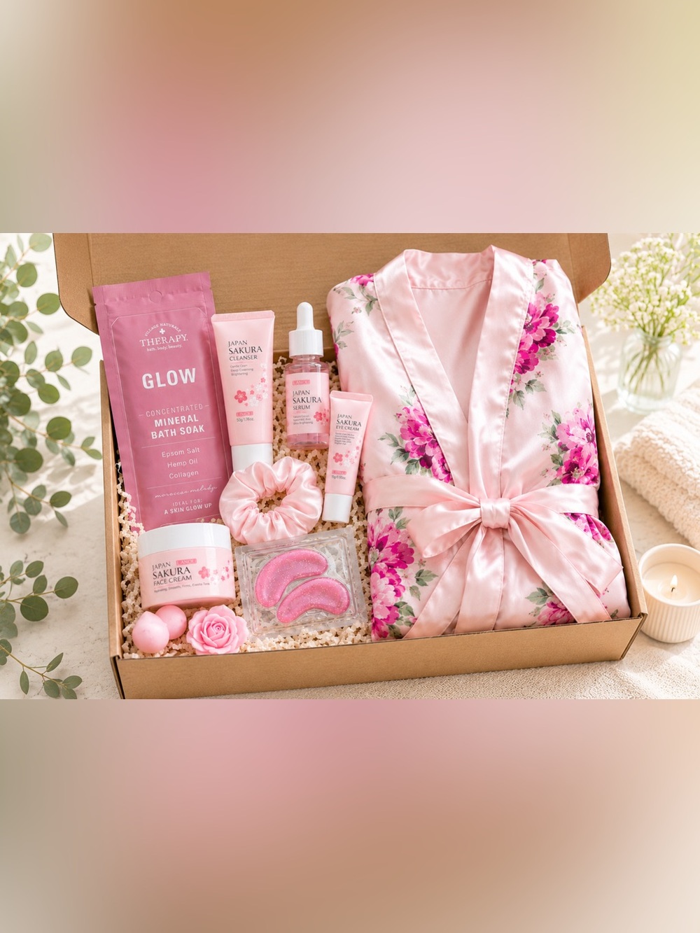 Pink Bath & Body Gift Set - Satin Robe & Skincare